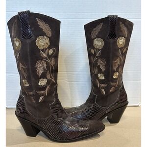 Antonio Melani Justine Cowboy Boots Brown Leather Suede Snake Skin Print Sz 8.5